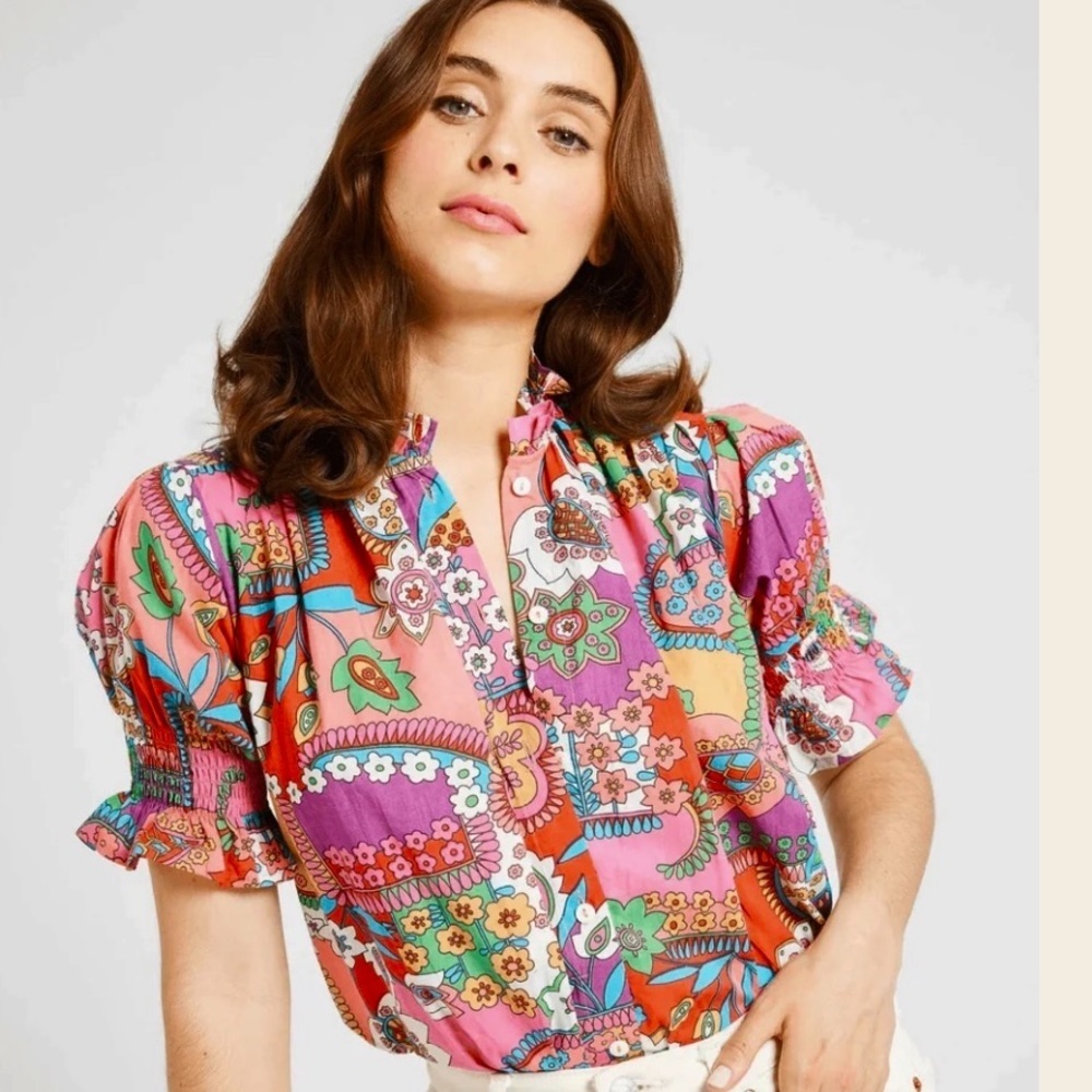 MILLE Shangri-La Floral Cotton Blouse XS Resort Boho Top